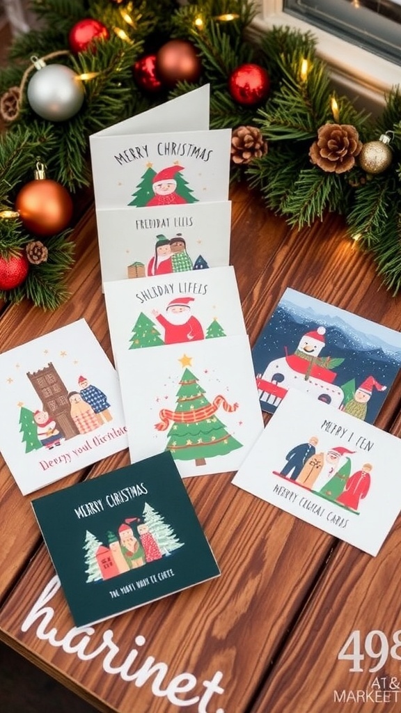 A display of 49 & Market Christmas cards featuring festive designs on a wooden table with holiday decorations.